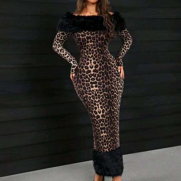 Sexy Leopard Print Patchwork Fluffy Warm Long Dress For Women, Autumn - Picture 1 of 5